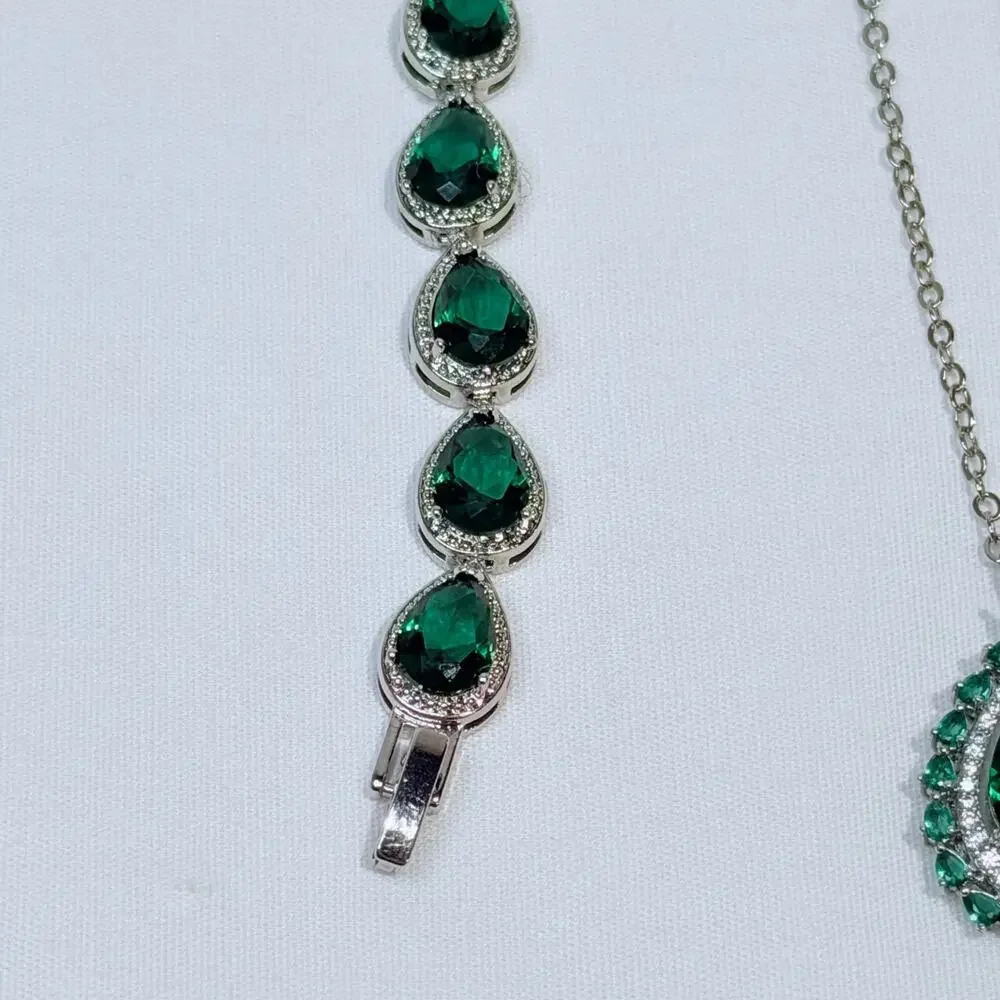 Emerald Teardrop Pear Shape Necklace Pendant, Earrings, Bracelet Set, Plated - Picture 3 of 10